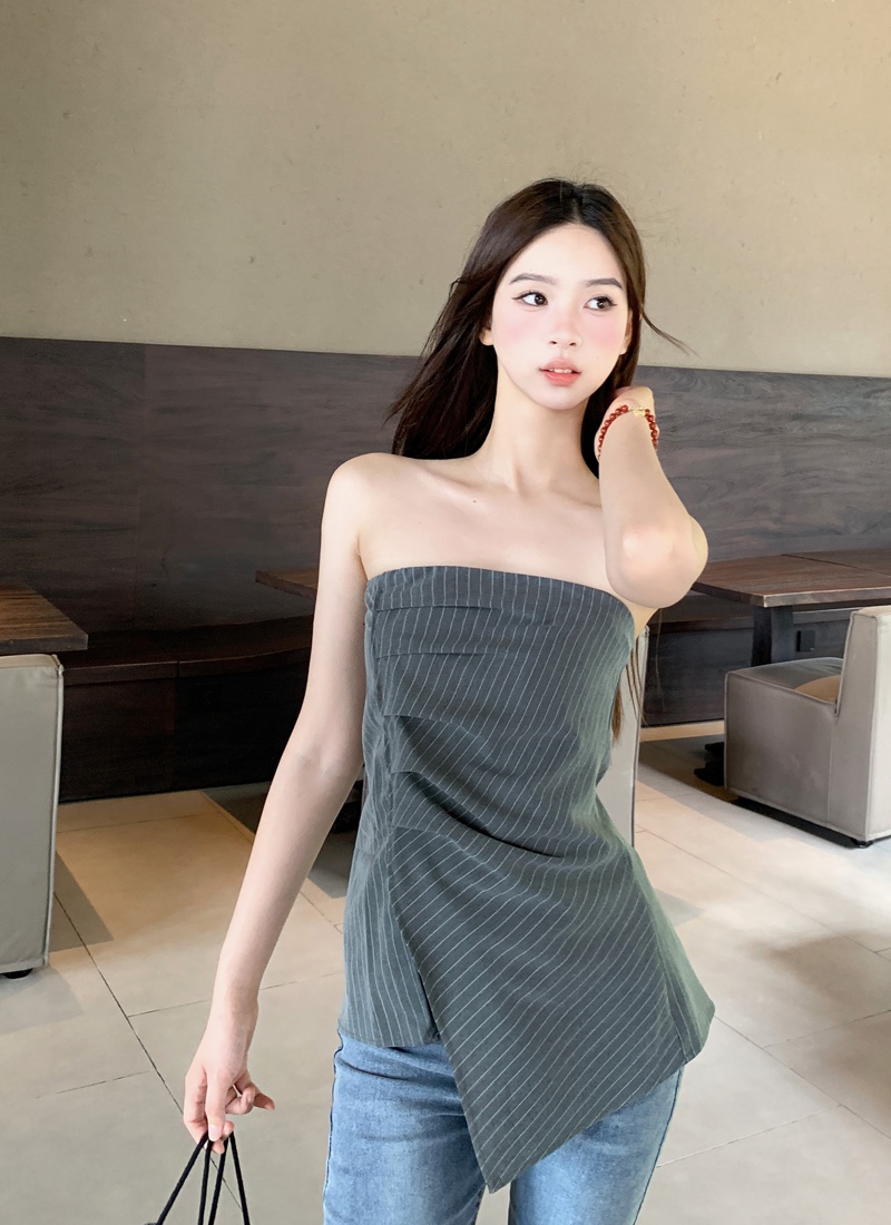 Flat shoulder stripe vest wrapped chest tops for women