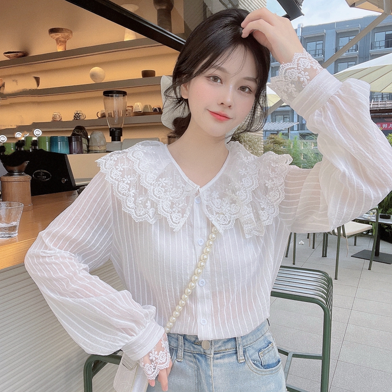 Lace fat spring tops doll collar beautiful autumn shirt