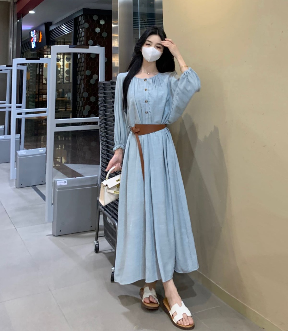 Pinched waist dress blue long dress for women