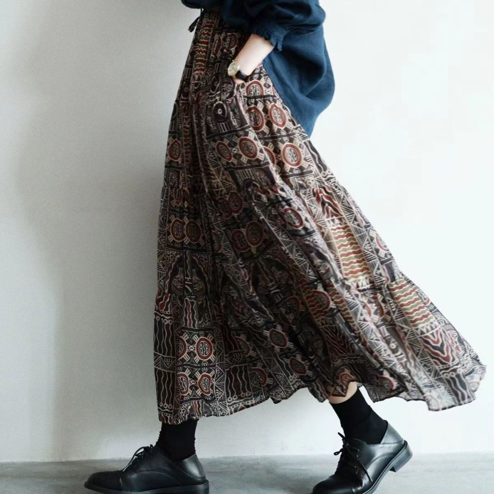 Exotic double chiffon big skirt printing retro skirt