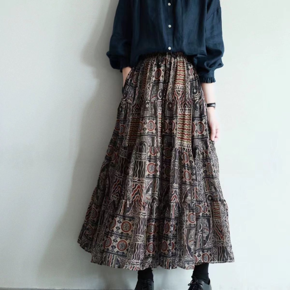 Exotic double chiffon big skirt printing retro skirt