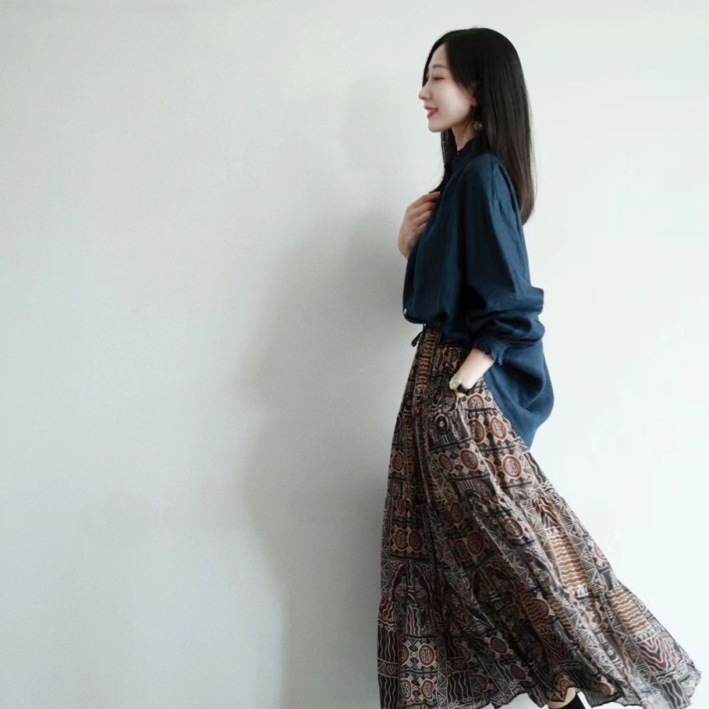 Exotic double chiffon big skirt printing retro skirt