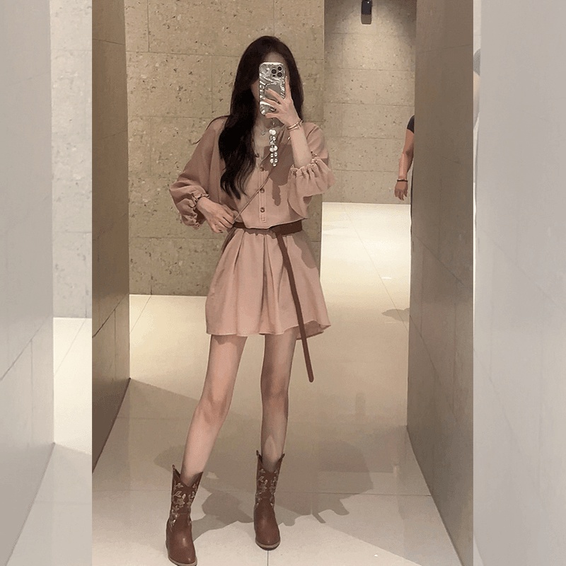 A-line pink colors long dress short vacation dress