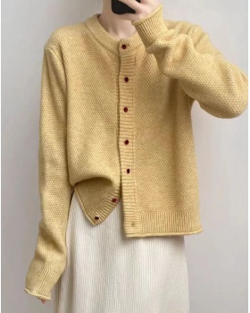 Yellow round neck cardigan knitted loose coat for women