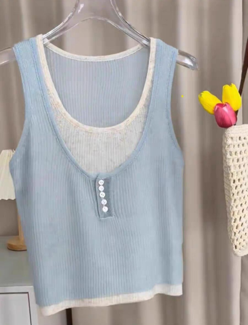 Fashion was white knitted vest sleeveless Pseudo-two tops