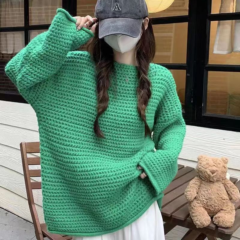 Loose horizontal collar sweater lazy knitted tops for women