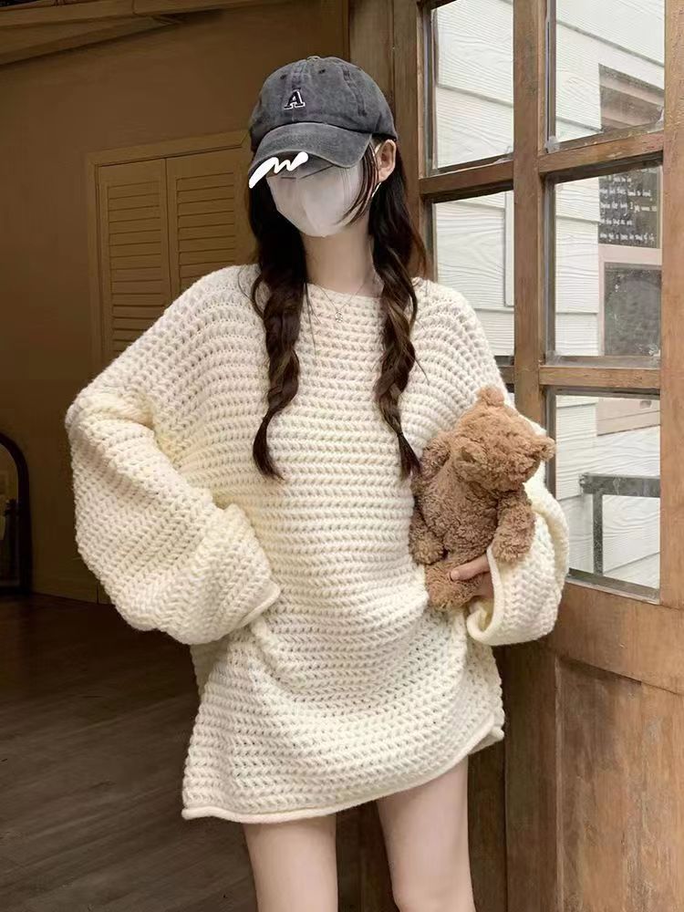 Loose horizontal collar sweater lazy knitted tops for women