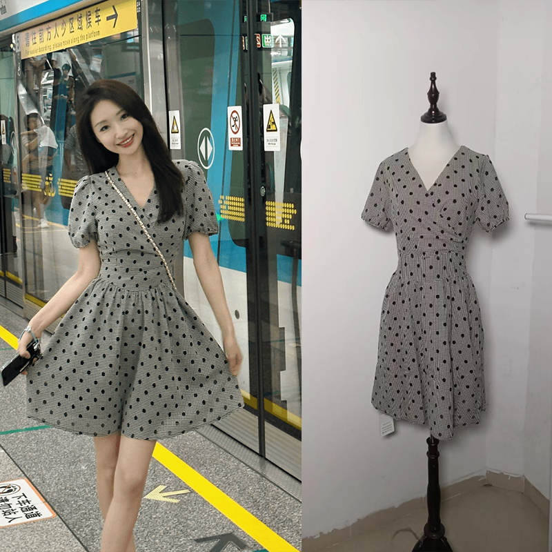 Polka dot summer T-back temperament slim dress for women