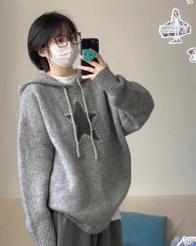 Gray loose thick coat winter hooded sweater for women