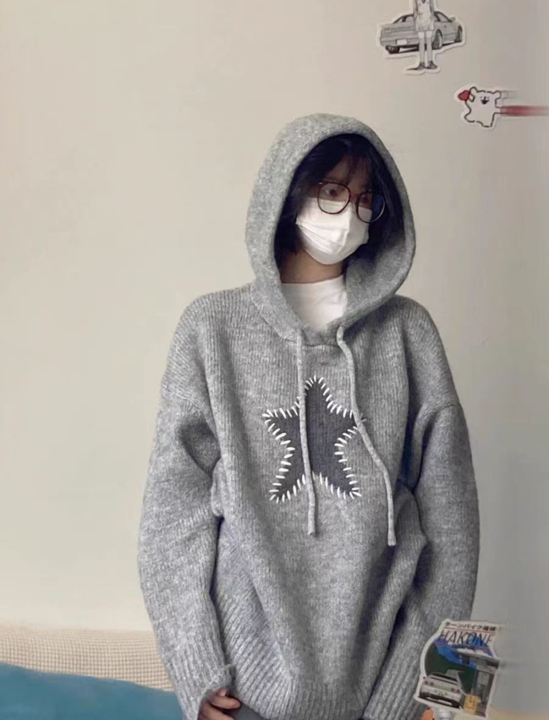 Gray loose thick coat winter hooded sweater for women