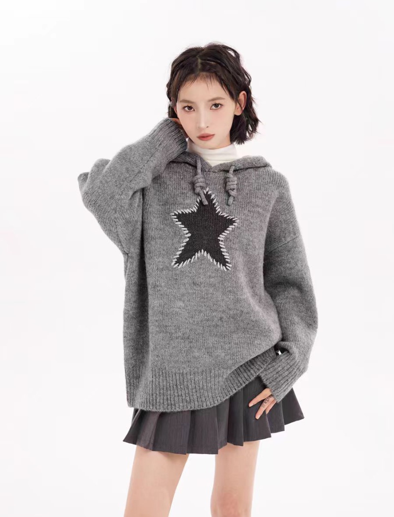 Gray loose thick coat winter hooded sweater for women