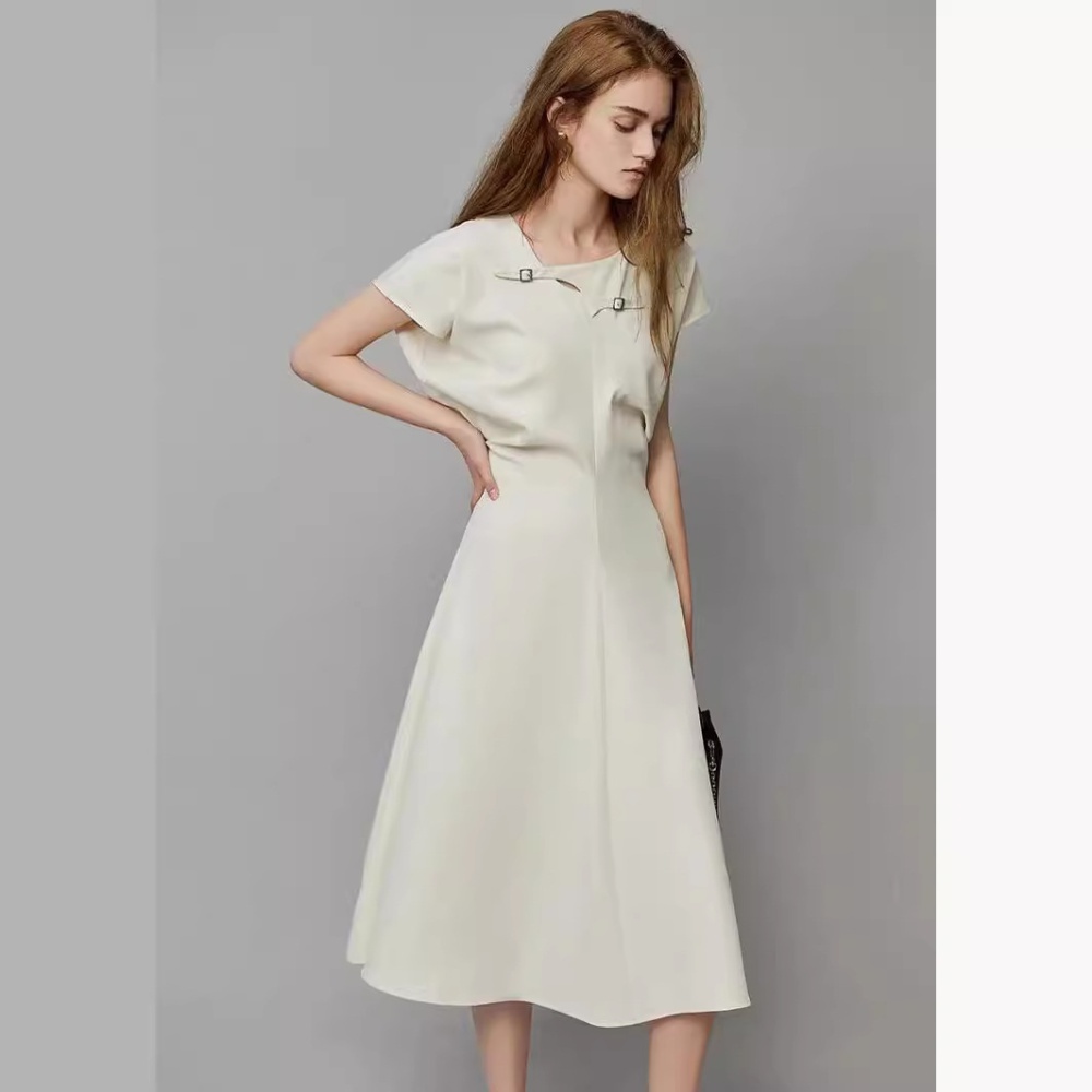 Round neck elastic waist commuting dress for women