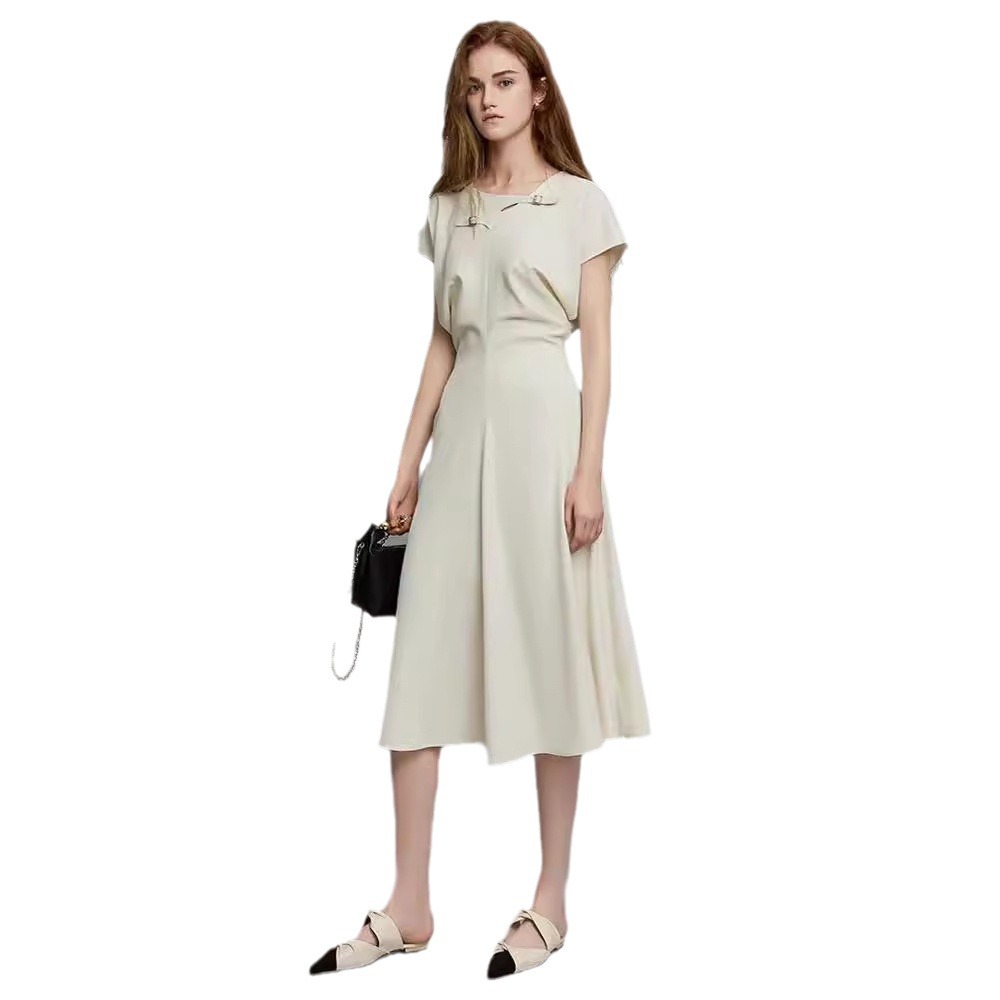 Round neck elastic waist commuting dress for women