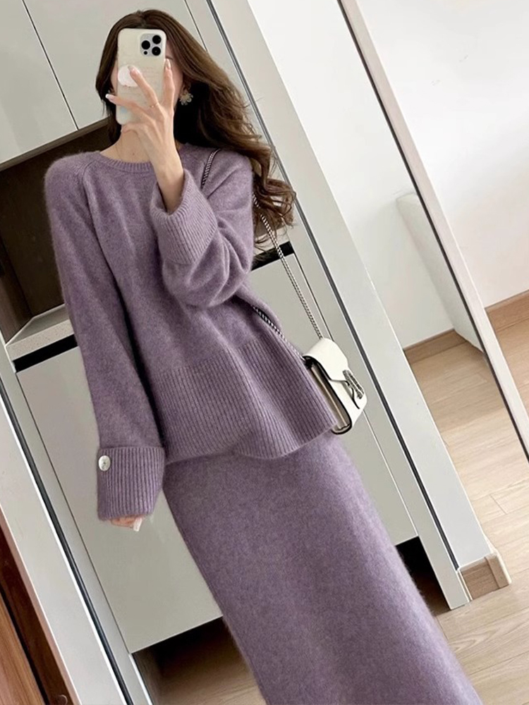 Purple chanelstyle skirt winter tops 2pcs set