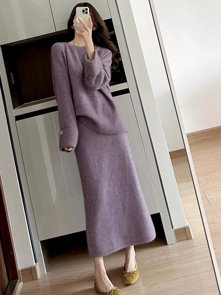 Purple chanelstyle skirt winter tops 2pcs set