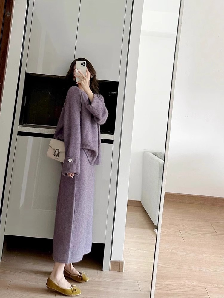 Purple chanelstyle skirt winter tops 2pcs set