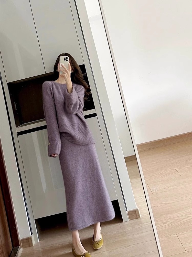 Purple chanelstyle skirt winter tops 2pcs set