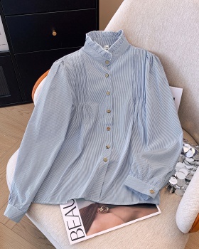 Slim all-match blue-white shirt lace stripe tops for women