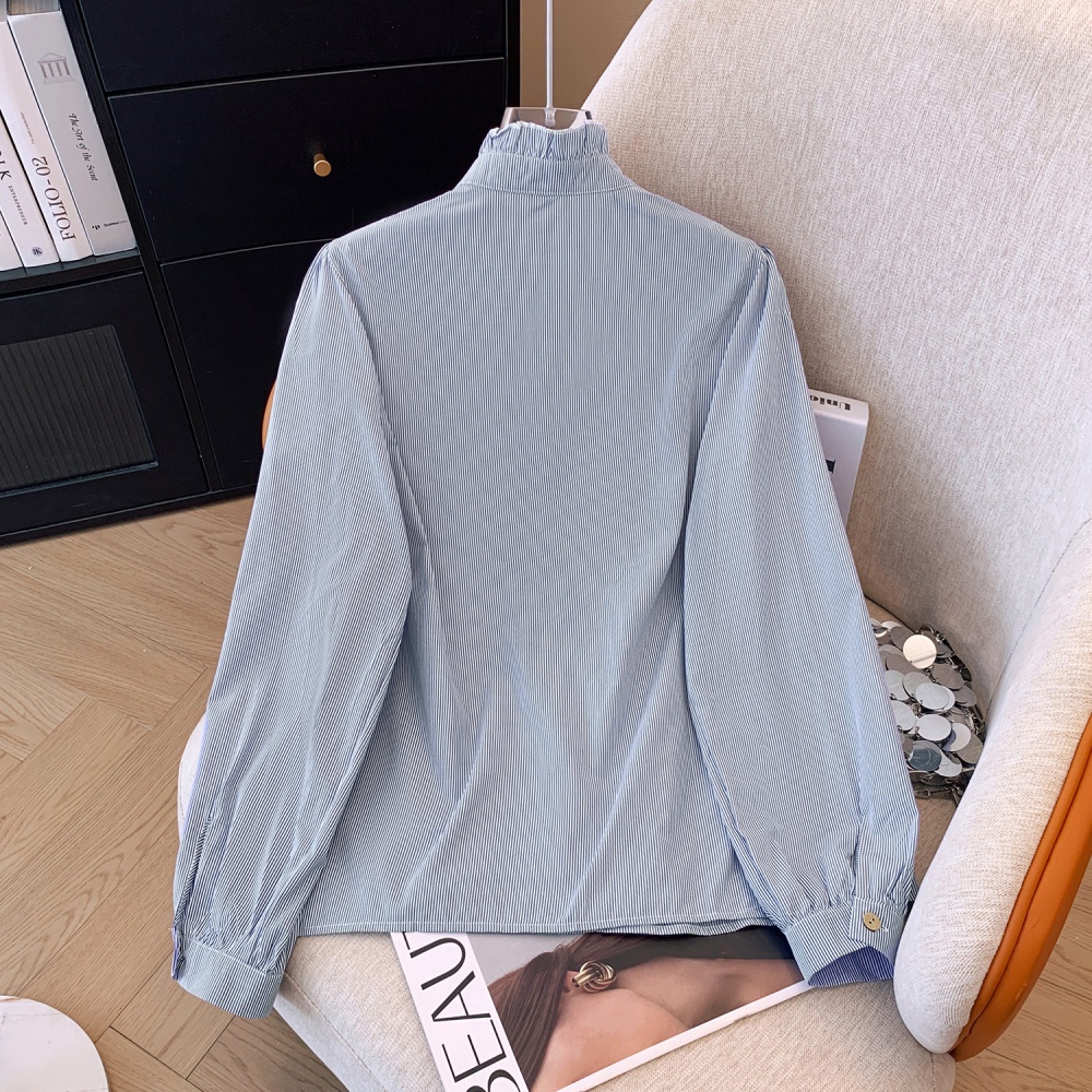 Slim all-match blue-white shirt lace stripe tops for women