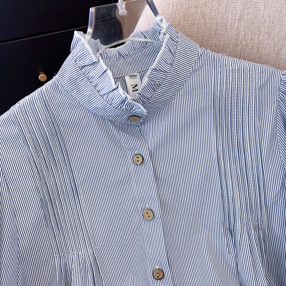 Slim all-match blue-white shirt lace stripe tops for women