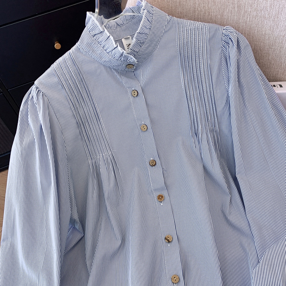 Slim all-match blue-white shirt lace stripe tops for women