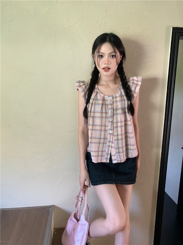 Boats sleeve France style retro plaid tops