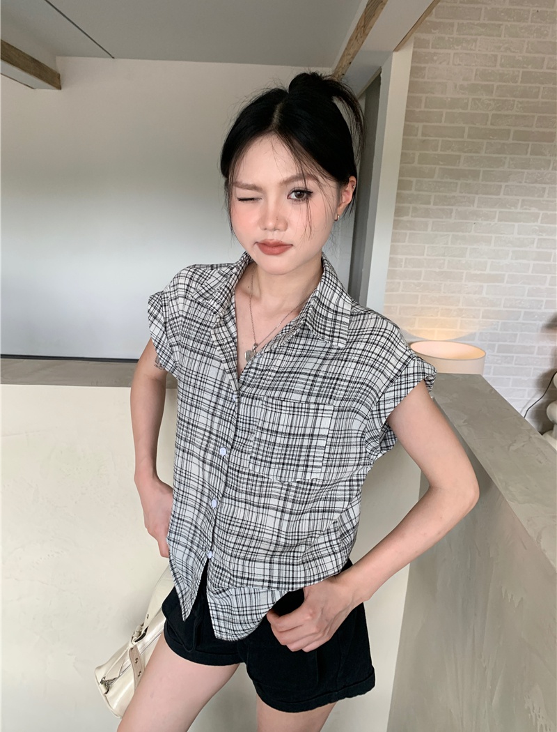 Loose boats sleeve shirt retro plaid tops