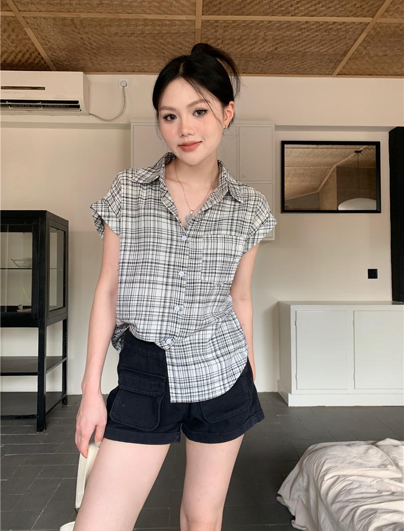 Loose boats sleeve shirt retro plaid tops