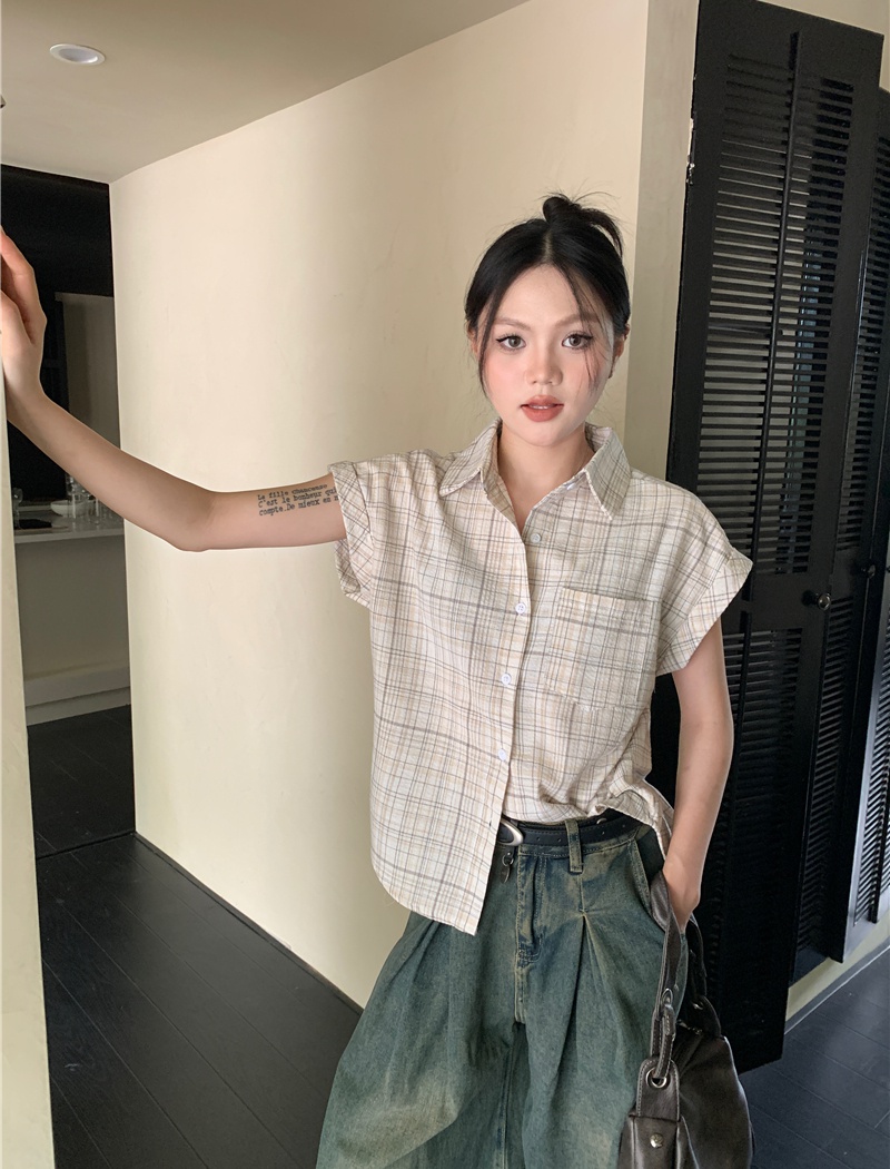 Loose boats sleeve shirt retro plaid tops