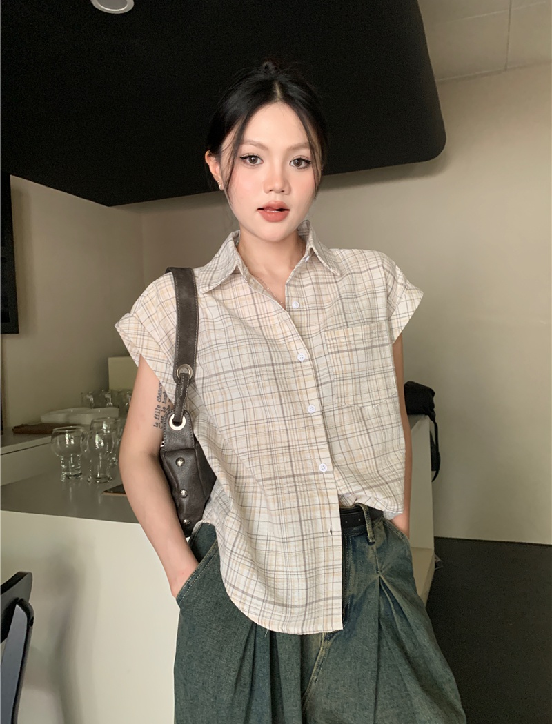 Loose boats sleeve shirt retro plaid tops