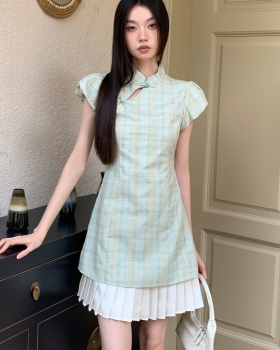 Splice pleated cheongsam plaid Chinese style dress for women