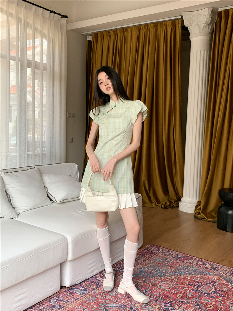 Splice pleated cheongsam plaid Chinese style dress for women