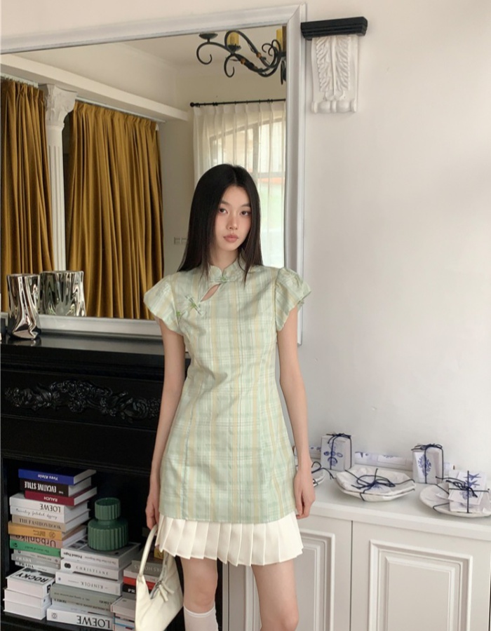 Splice pleated cheongsam plaid Chinese style dress for women