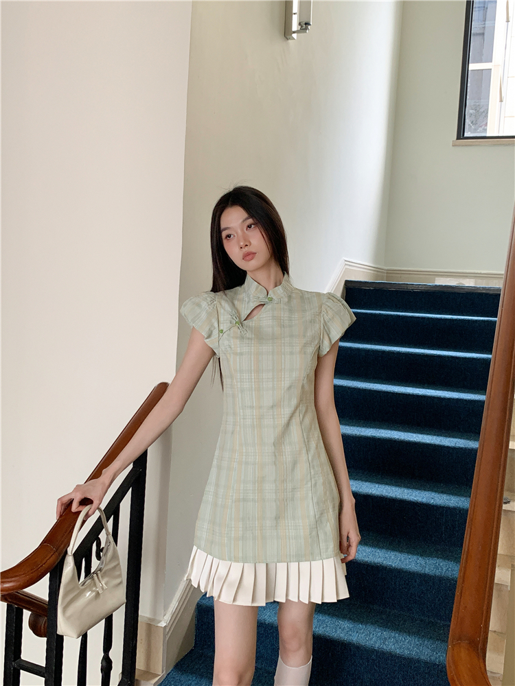 Splice pleated cheongsam plaid Chinese style dress for women