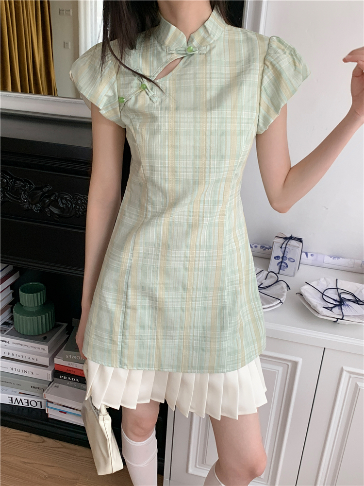 Splice pleated cheongsam plaid Chinese style dress for women