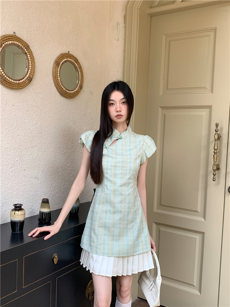 Splice pleated cheongsam plaid Chinese style dress for women