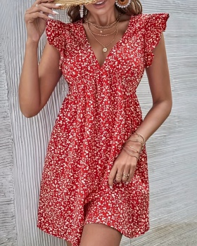 Floral V-neck frilly sleeve printing lady dress