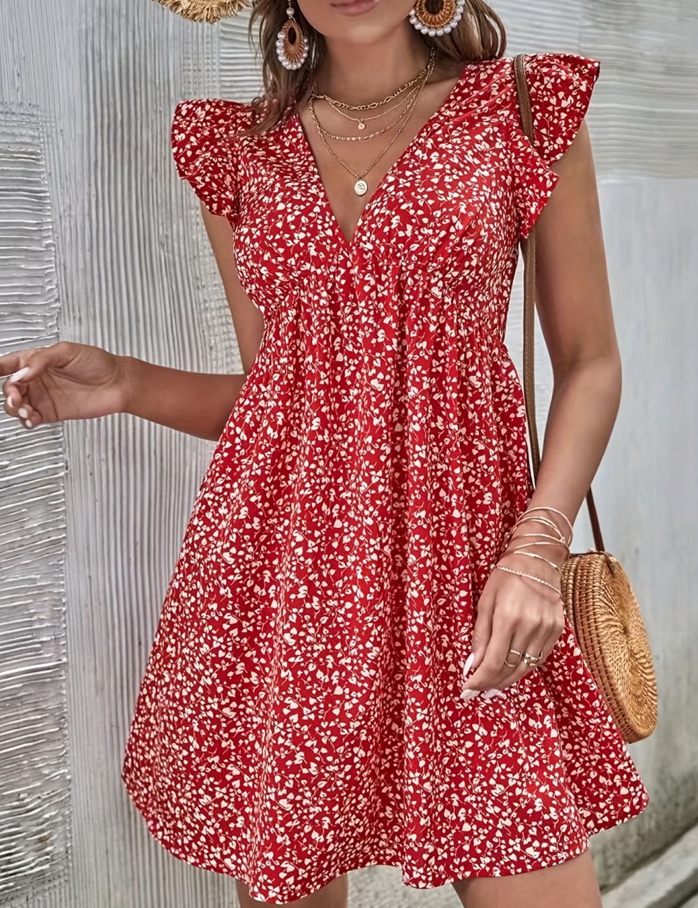 Floral V-neck frilly sleeve printing lady dress