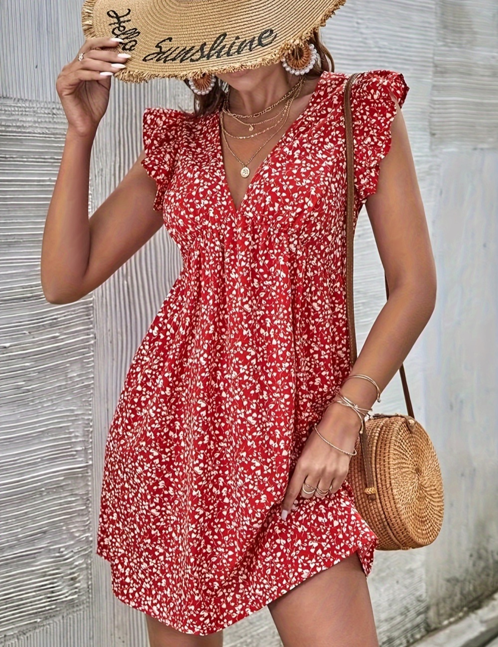 Floral V-neck frilly sleeve printing lady dress