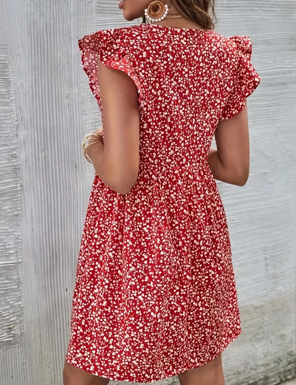 Floral V-neck frilly sleeve printing lady dress