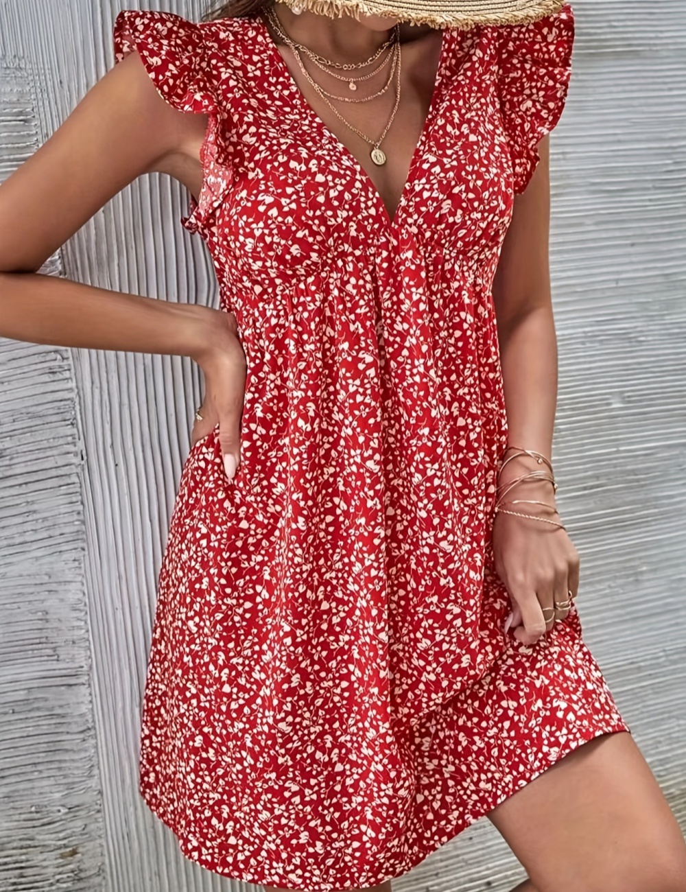 Floral V-neck frilly sleeve printing lady dress