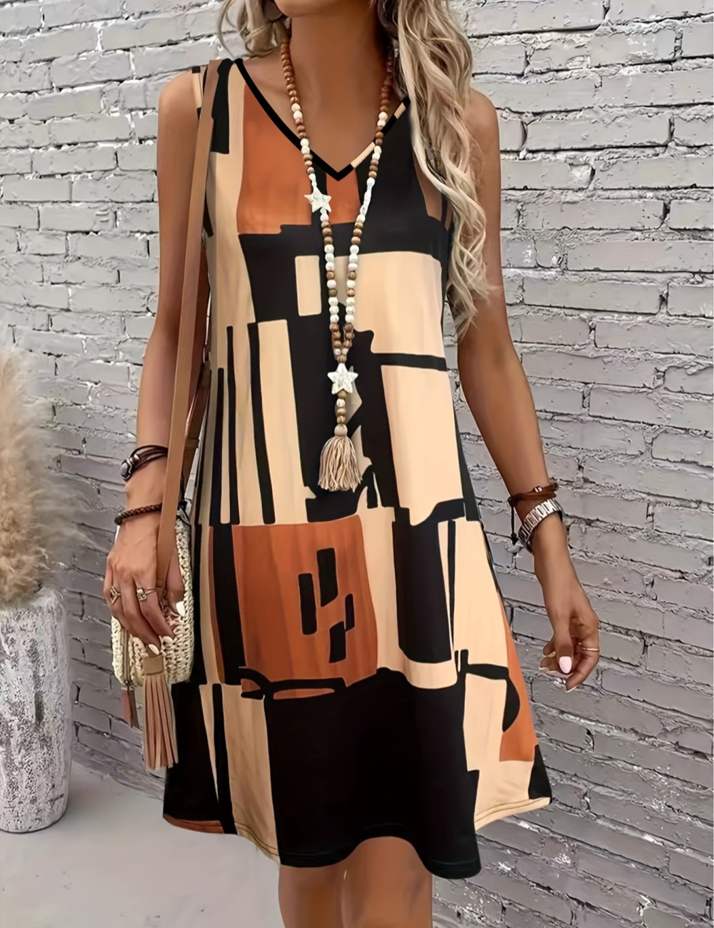 Printing summer Korean style V-neck knitted loose dress