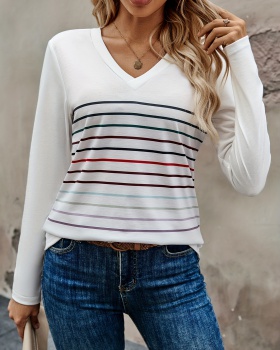 Stripe all-match multicolor printing T-shirt