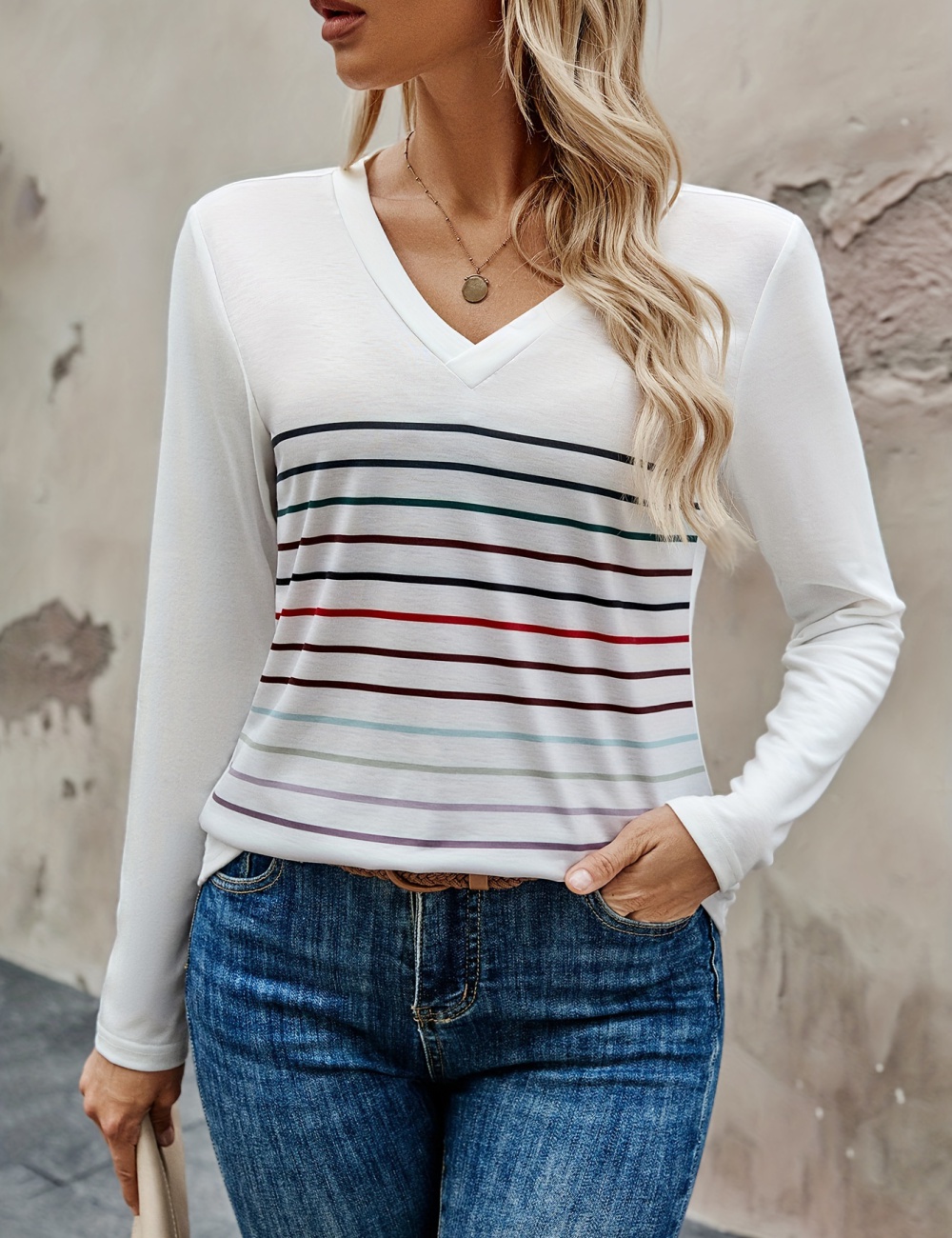 Stripe all-match multicolor printing T-shirt