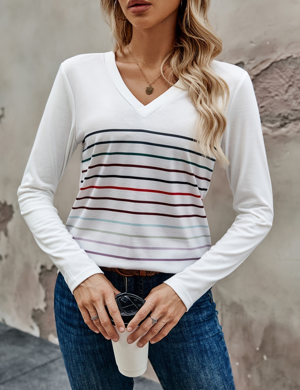 Stripe all-match multicolor printing T-shirt