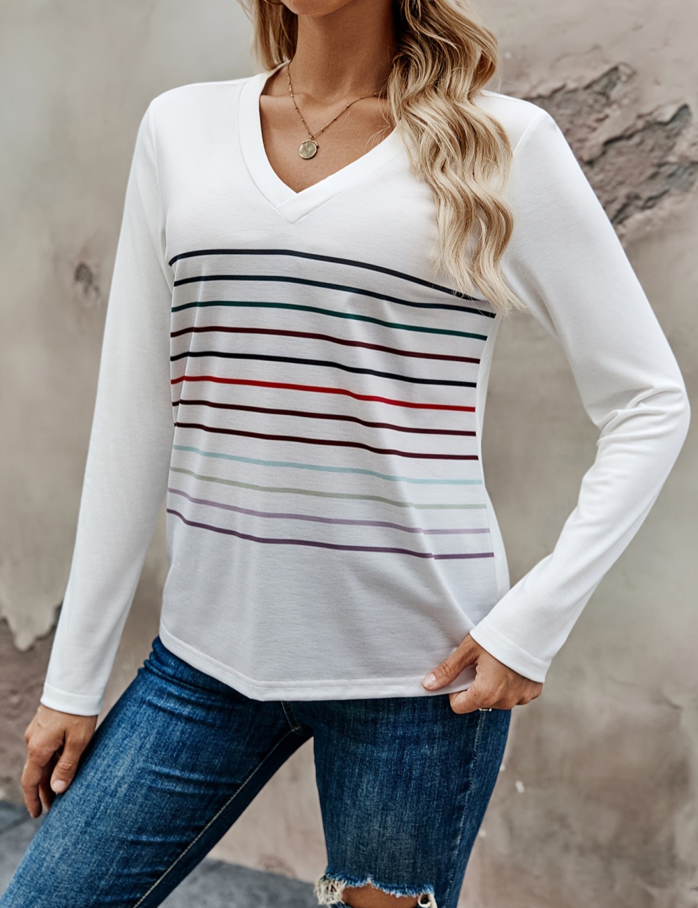 Stripe all-match multicolor printing T-shirt