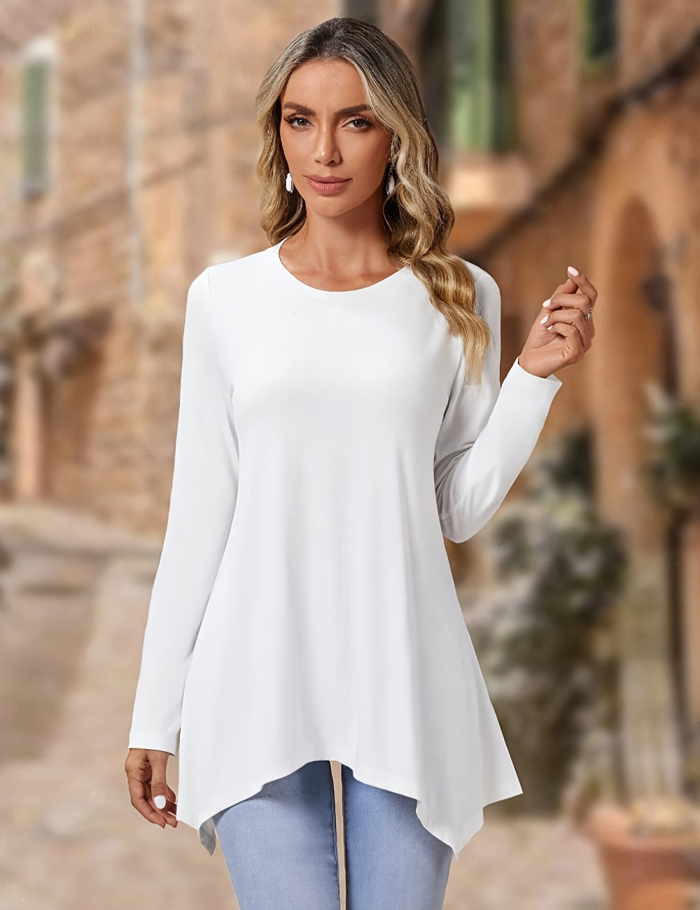 Long sleeve simple round neck European style T-shirt