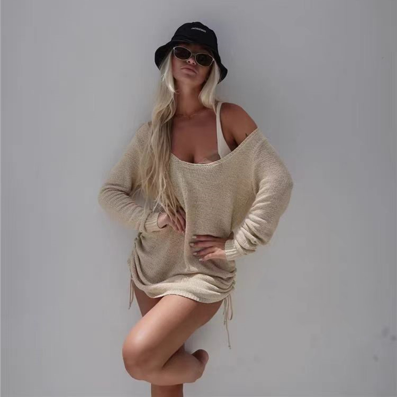 Loose long sleeve halter big round neck knitted dress