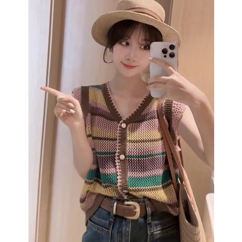 Stripe summer tops sleeveless fashion cardigan for women