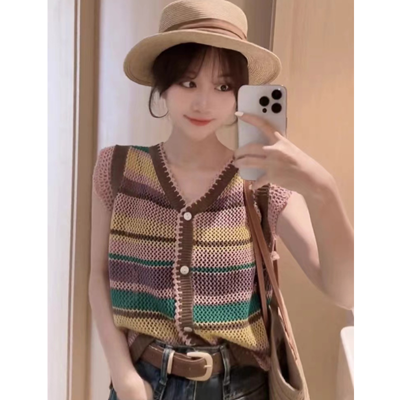 Stripe summer tops sleeveless fashion cardigan for women